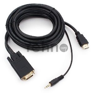 Кабель Cablexpert HDMI-VGA 19M/15M + 3.5Jack, 5м, черный, позол.разъемы, пакет (A-HDMI-VGA-03-5M)