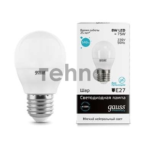 Светодиодная лампа GAUSS 53228 LED Elementary Шар 8W E27 540lm 4100K 1/10/100 0 Светодиодная лампа GAUSS 53228 LED Elementary Шар 8W E27 540lm 4100K 1/10/100 0