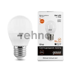 GAUSS 53218 Светодиодная лампа LED Elementary Шар 8W E27 520lm 3000K 1/10/100 0 GAUSS 53218 Светодиодная лампа LED Elementary Шар 8W E27 520lm 3000K 1/10/100 0