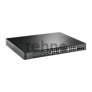 Коммутатор TP-Link 24-port Gigabit Managed PoE switch with 4 10G SFP+ ports, support 802.3af/at PoE, 1 console port, 19-inch rack mount, support L2/L2+ features.