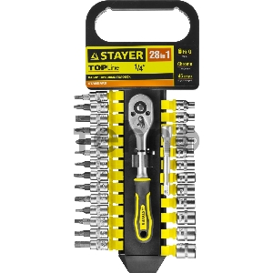Набор головок STAYER 27754-H28  standard: 1/4 на пластик рельсе трещотка  удл-тель 4-13мм 28пр.