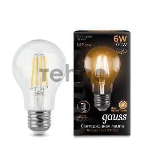 Лампа светодиодная GAUSS 102802106 LED Filament А60 Е27 6Вт 2700к 1/10/40 Лампа светодиодная GAUSS 102802106 LED Filament А60 Е27 6Вт 2700к 1/10/40