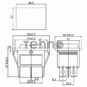 Выключатель клавишный 250V 15А (6с) ON-OFF-ON черный  с нейтралью  REXANT