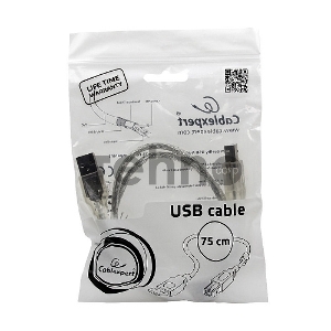 Кабель Cablexpert USB 2.0 Pro, AM/BM, 0,75м, экран, 2 феррит.кольца, прозрачный (CCF-USB2-AMBM-TR-0.75M)