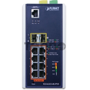Коммутатор PLANET IGS-6325-8UP2S IP30 DIN-rail Industrial L3 8-Port 10/100/1000T 802.3bt PoE + 2-port 1G/2.5G SFP Full Managed Switch (-40 to 75 C, 8-port 95W PoE++, 802.3bt/PoH/Force modes, dual redundant power input on 48~56VDC terminal block, DIDO, ERPS Ring, 1588 PTP TC, Modbus TCP, ONVIF, Cybersecurity features, Hardware Layer3 OSPFv2 and IPv4/IPv6 Static Routing, supports MQTT, supports 100FX, 1000X and 2.5G SFP)