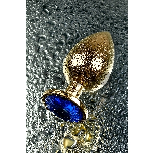 Анальная втулка Metal by TOYFA, металл, золотая, с синим кристаллом, 9,5 см, Ø 4 см, 145 г